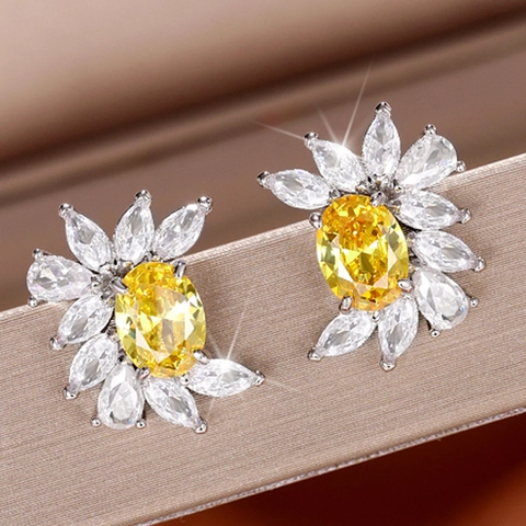 Elegant Flower Cluster Stud Earrings Copper Zircon Shiny Oval Stone Marquise Petals Trending Luxury Jewelry Women