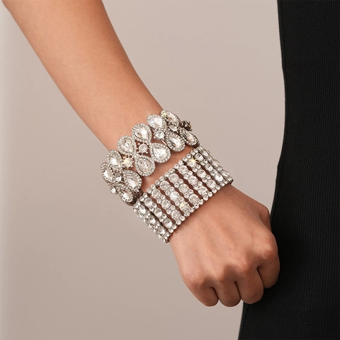 Bracciale Elastico Largo Lega Strass Goccia D'acqua Multi Riga Gioielli Di Lusso Per Donne Matrimonio