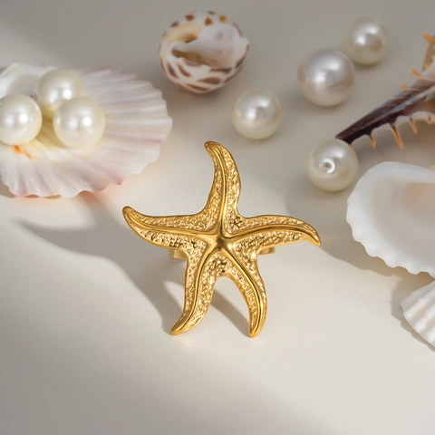 Edelstahl Ozean Seestern Muschel Offener Verstellbarer Ring Für Frauen Strandurlaub Gold Vergoldet Wasserdichter Schmuck
