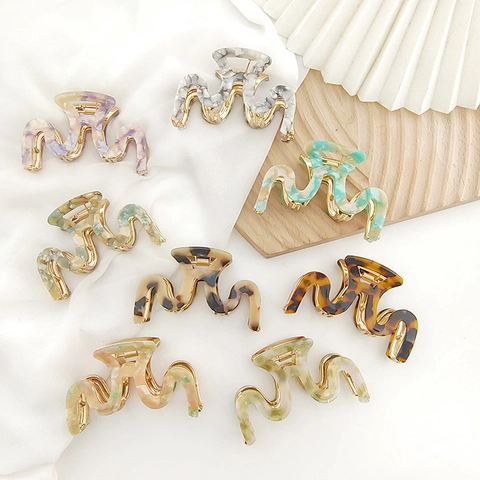 Grande Molletta Per Capelli Ondulata A Forma Di Serpente Acetato Metallo Retrò Tartaruga Marmo Texture Shark Jaw Per Donna
