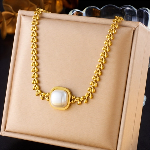 Collar De Acero Inoxidable Chapado En Oro Con Perla Artificial Blanca Cuadrada Cadena De Espiga De Trigo Joyería Elegante Retro Para Mujer
