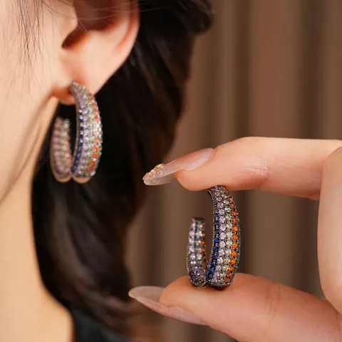 Vintage C-Shape Stud Earrings With Colorful Zircon Micro Pave Copper Jewelry With Silver Earring Post For Women Elegant
