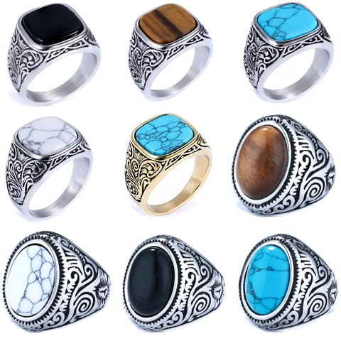 Vintage Edelstahl Ring Mit Türkis Tigerauge Achat Stein Geschnitzter Boho Ethno Punk Schmuck Für Damen Herren