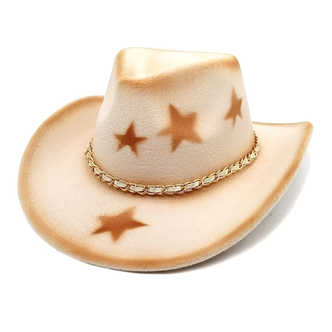 Western Cowboy Hat Cotton Polyester Star Pattern Gold Chain Wide Brim Fedora For Women Men Fashion Jazz Cap