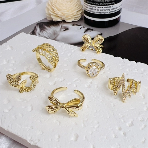Verstellbare Ringe Kupfer 18K Vergoldet Zirkonia Schmetterling Schleife Blatt Herzschlag Mode Elegant Für Frauen Mädchen