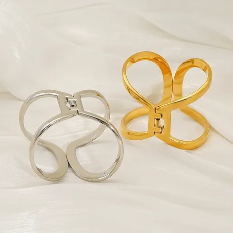 Adjustable Geometric Hollow Cuff Bangle Bracelet Stainless Steel 18K Gold Plated Symmetrical Lines Exaggerated Jewelry