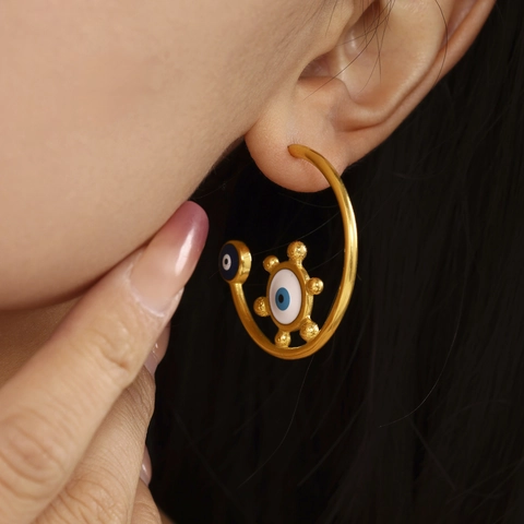 Evil Eye C Form Creolen Edelstahl 18K Vergoldet Emaille Sonnenstrahl Geometrischer Boho Schmuck Für Damen