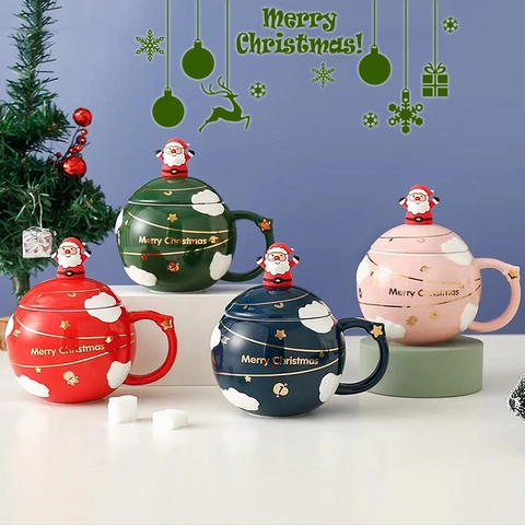 Ceramic Mug With Santa Lid And Spoon Hand Painted Gold Tracing Christmas Holiday Coffee Cup Gift For Women Men