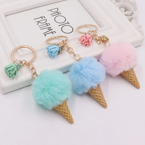 Schattige Ijsje Pluche Sleutelhanger Kunstbont Pompon Hanger Met Kwastje En Hartbedeltje Tasdecoratie Voor Dames Meisjes