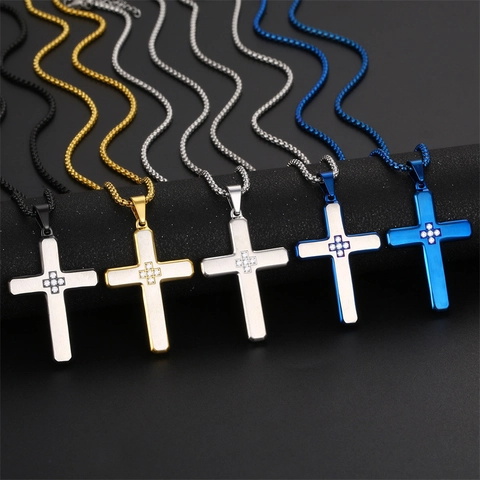 Collier Pendentif Croix Acier Inoxydable Zircon Mode Hip Hop Bijoux Religieux Pour Hommes Femmes Vintage Charme