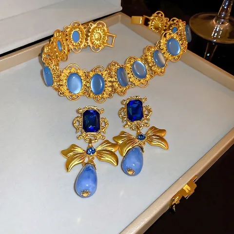 Vintage Französischer Stil Ohrringe Und Halskette Blauer Strass Schleife Wassertropfen Anhänger Mit 925 Sterling Silber Ohrstecker