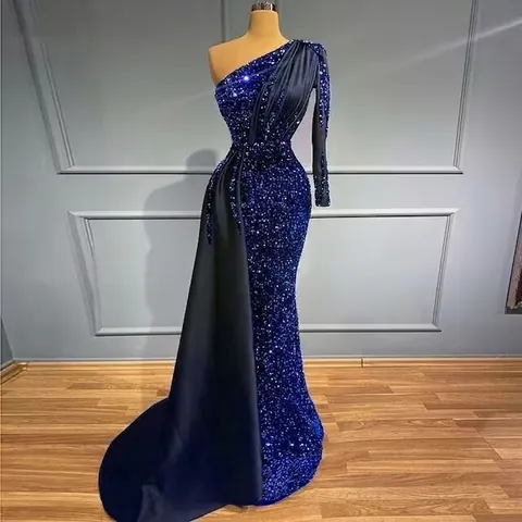 Vestito Da Sera Con Paillettes Donna Monospalla Manica Lunga Raso Sirena Abito Formale Da Cerimonia Matrimonio