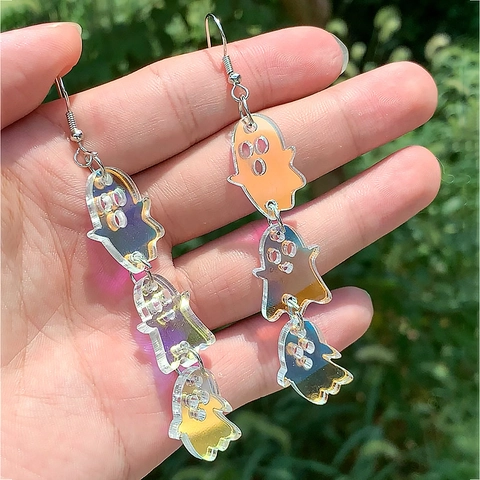Orecchini Pendenti Fantasma Acrilico Iridescente Laser Riflettente Triplo Strato Gioielli Halloween Donna