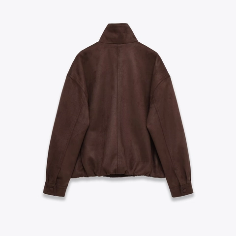 Giacca In Finta Pelle Scamosciata Da Donna Collo Alto Maniche Lunghe Cerniera Vestibilità Larga Casual Streetwear Marrone