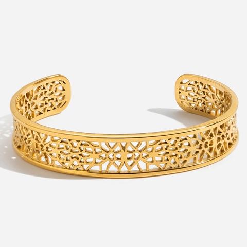 Geometric Lace Hollow Stainless Steel Bangle Vintage Gold Tone Open Adjustable Wrist Cuff Jewelry