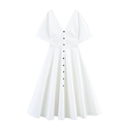 V Neck Short Sleeve Midi Dress Polyester Poplin Button Decor A Line Solid Color Elegant Casual Women Slim Fit