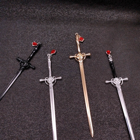 Sword Shape Hairpin Alloy Vintage Chinese Style Hair Stick With Red Rhinestone Drop Tassel Gothic Hanfu Hair Accessory