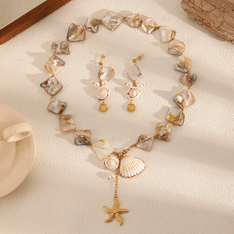 Juego de Joyas de Collar Y Pendientes de Acero Inoxidable de Concha Natural Estilo Oceánico Estrella de Mar Perla para Playa Mujer