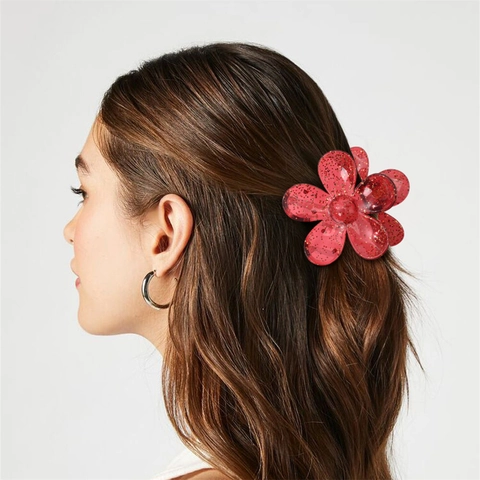 Pince À Cheveux Fleur Résine Semi Transparente Pailletée Accessoire De Coiffure Mode Élégant Pour Femmes Filles