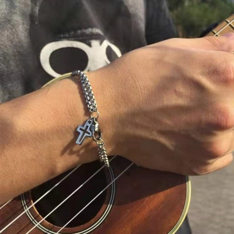 Men Double Layer Chain Bracelet Stainless Steel Hollow Cross Pendant Silver Color Jewelry For Daily Wear