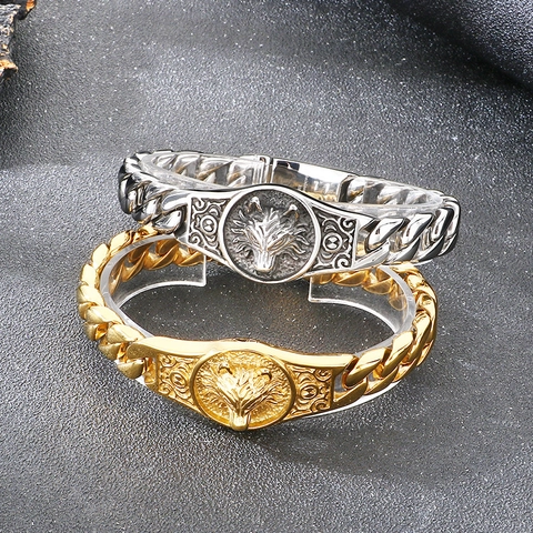 Pulsera De Cadena Cubana Con Cabeza De Lobo Acero Inoxidable 316L Vintage Punk Biker Joyería Para Hombres Medallón De Animal