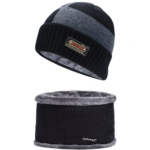 Knit Beanie Hat And Neck Warmer Fleece Lined Thickened Warm Winter Outdoor Striped Color Block For Men