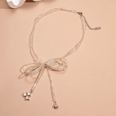 Bowknot Beaded Necklace Stainless Steel Glass Heart Pendant Clavicle Chain For Women Elegant Niche Style