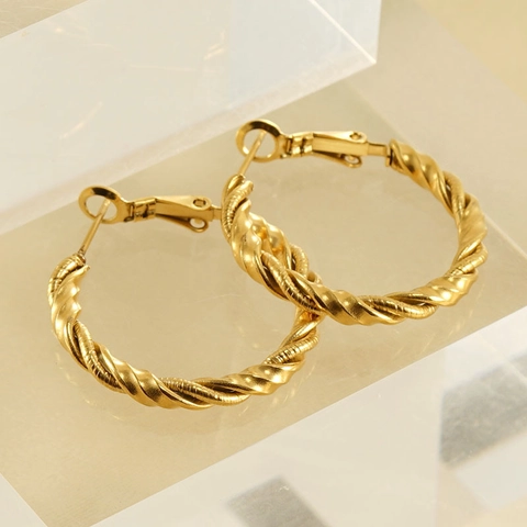 Twisted Rope Hoop Earrings Stainless Steel 18K Gold Plated Round Spiral Texture Niche Design For Women