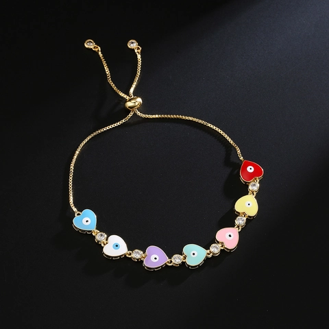 Evil Eye Heart Bracelet Gold Plated Copper Colorful Enamel Zircon Adjustable Sliding Chain Jewelry For Women