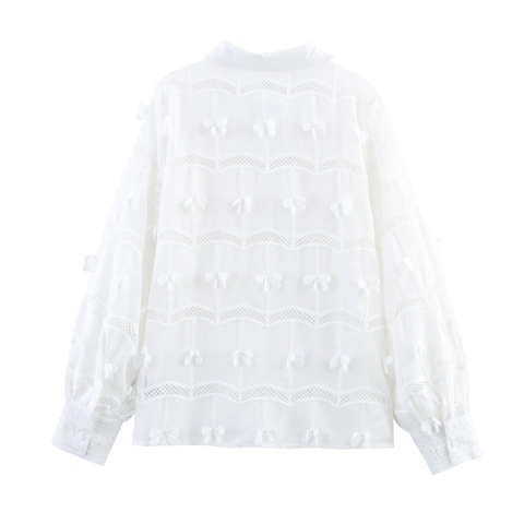 Franse Stijl Vrouwen Witte Lange Mouwen Blouse Borduurwerk Kant Holle 3D Bloem Losse Omvouwkraag Zoete Shirt