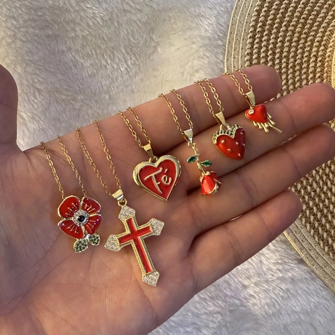 Red Enamel Heart Rose Pendant Necklace Stainless Steel Copper Gold Plated Vintage Retro Jewelry Women