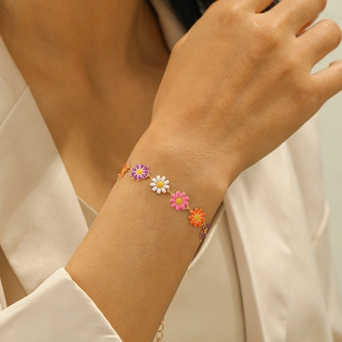 Pulsera De Flor De Margarita Dulce Mujeres Cobre Esmalte Colorida Cadena Ajustable Joyería Fresca Simple Moda Regalo
