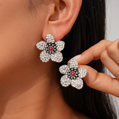 Orecchini A Lobo A Fiore Vintage Con Strass E Perla Rossa Gioielli In Lega Con Perno In Argento Per Donna