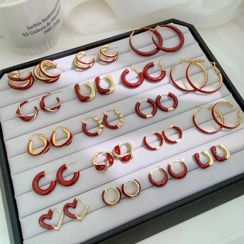 Vintage Red Enamel Geometric Hoop Earrings With 925 Sterling Silver Earring Post Gold Plated Alloy Jewelry For Women