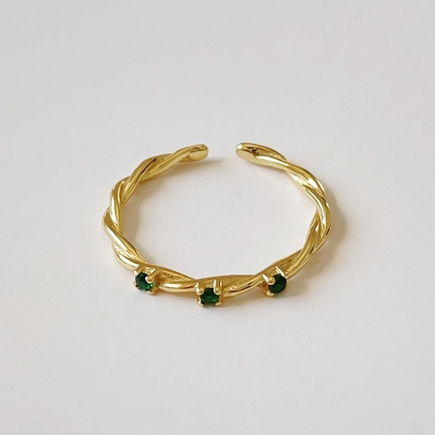 Anello In Argento Sterling 925 Placcato Oro 18K Corda Intrecciata Zircone Verde Fascia Aperta Regolabile Gioielli Vintage