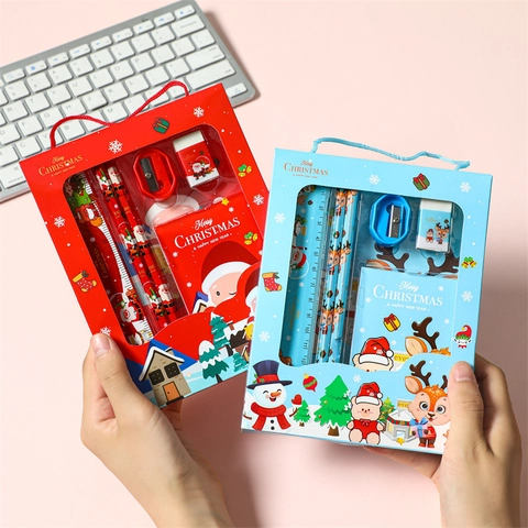Fournitures Scolaires Noël Kit Plastique Bois Papier Crayons Règle Gomme Taille Crayon Cahier Enfants École Fête