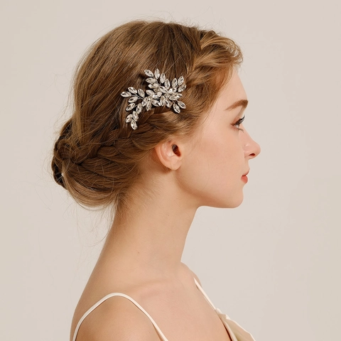 Bruid Haarspeld Strass Bladvorm U-Vormige Vork Elegant Handgemaakt Koperdraad Bruiloft Feest Accessoires Voor Dames Zilver