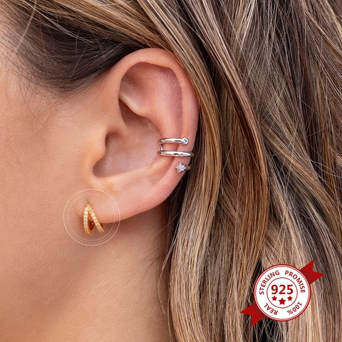 Orecchini A Cerchio Huggie A Doppia Fila Di Zirconi Per Donna Con Perno In Argento Sterling 925 Rame Minimalista Hip Hop