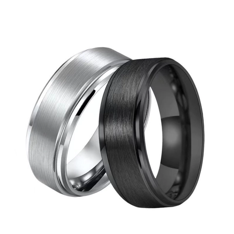 Men Band Ring Titanium Stainless Steel Brushed Bicolor Beveled Edge Hip Hop Minimalist Unisex Jewelry