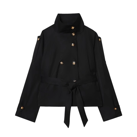 Trench-Coat Court Pour Femmes Double Boutonnage Avec Ceinture Col Montant Polyester Manches Longues Veste Mode