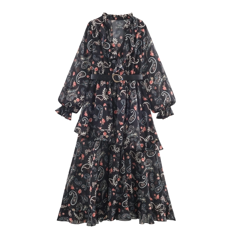 Abito Maxi A Balze Con Stampa Paisley Da Donna Scollo A V Manica Lunga Cintura Chiffon Vintage