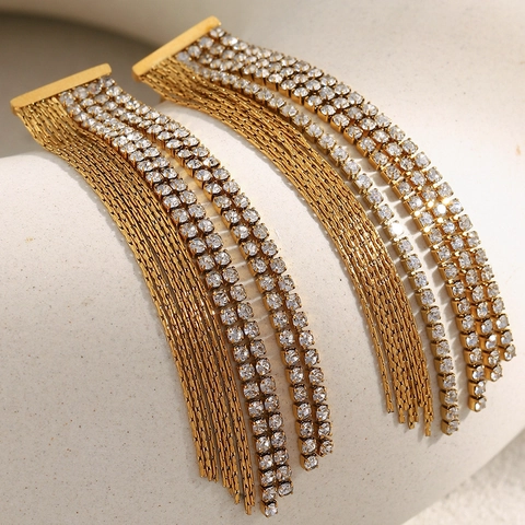 Lange Ketting Franje Kwastje Oorknopjes 18K Verguld Roestvrij Staal Zirkonia Geometrische Statement Sieraden Vrouwen