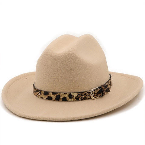 Cappello Fedora Tesa Larga Feltro Jazz Cap Con Cintura Stampa Leopardata Fibbia Vintage Elegante Moda Esterna Donne Uomini