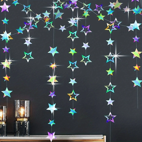 Guirnalda De Estrellas Huecas Papel Holografico Laser Decoracion Colgante Estrellas De Cinco Puntas Fiesta Cumpleanos Adorno