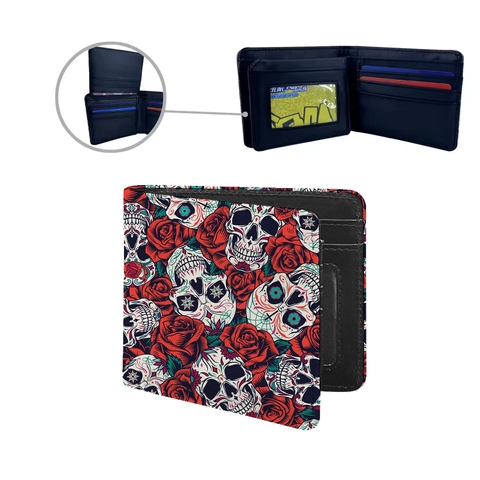 Portafoglio Uomo Bifold Pelle PU Stampa Teschio Rosa Moda Street Slot Per Carte Finestra ID Borsellino Corto