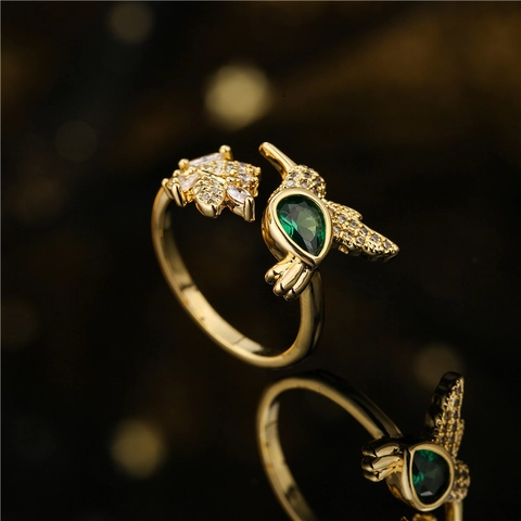 Gold Plated Copper Hummingbird Flower Open Adjustable Ring With Emerald Green Waterdrop Zircon For Women