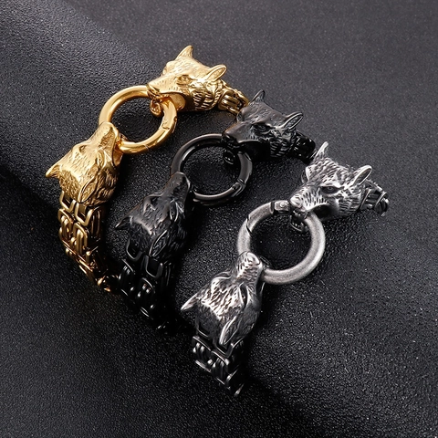 Bracciale Uomo Acciaio Inossidabile Doppia Testa Di Lupo Catena Bizantina Re Stile Punk Vichingo Gioielli