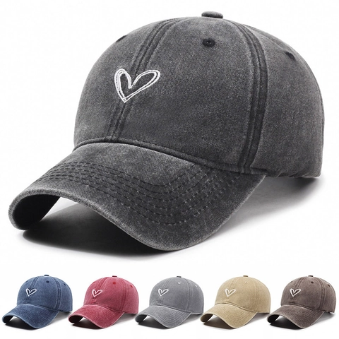 Casquette De Baseball En Denim De Coton Lavé Vintage Avec Broderie Coeur Ajustable Protection Solaire Unisexe