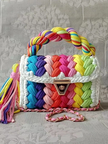 Handmade Crochet Shoulder Bag Rainbow Colorful Woven Polyester Yarn With Metal Chain Strap Tassel Decor For Women Daily Casual