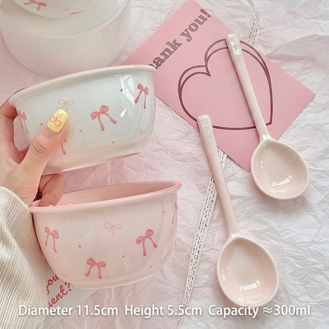 Ceramic Bowl Cute Bow Pattern Underglaze Rice Tableware Salad Dessert Soup Bowl Creamy Ins Style For Students Couples